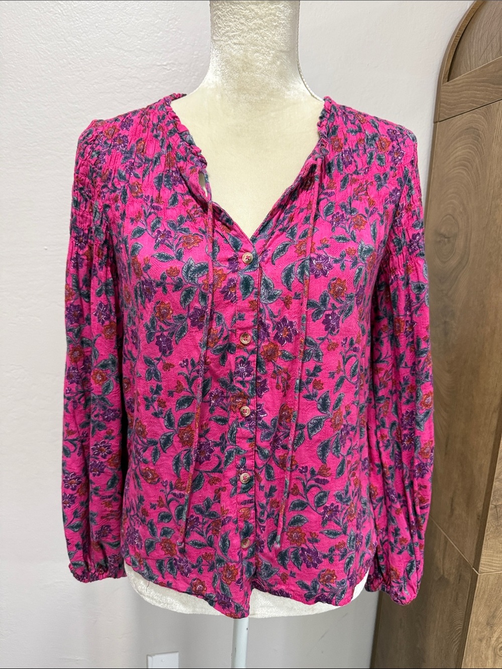 Maeve by Anthropologie Floral Button-Down Blouse in Bright Pink